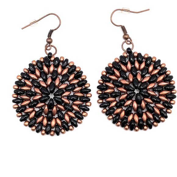 Czech Glass Hand Stitched Beaded Black & Copper Round Boho Pierced Earrings - Picture 2 of 9